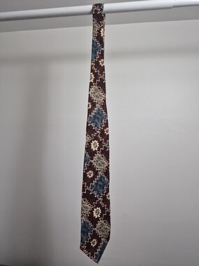 Classic Men's Geometric Tie in Burgundy, Blue & Tan 100%
